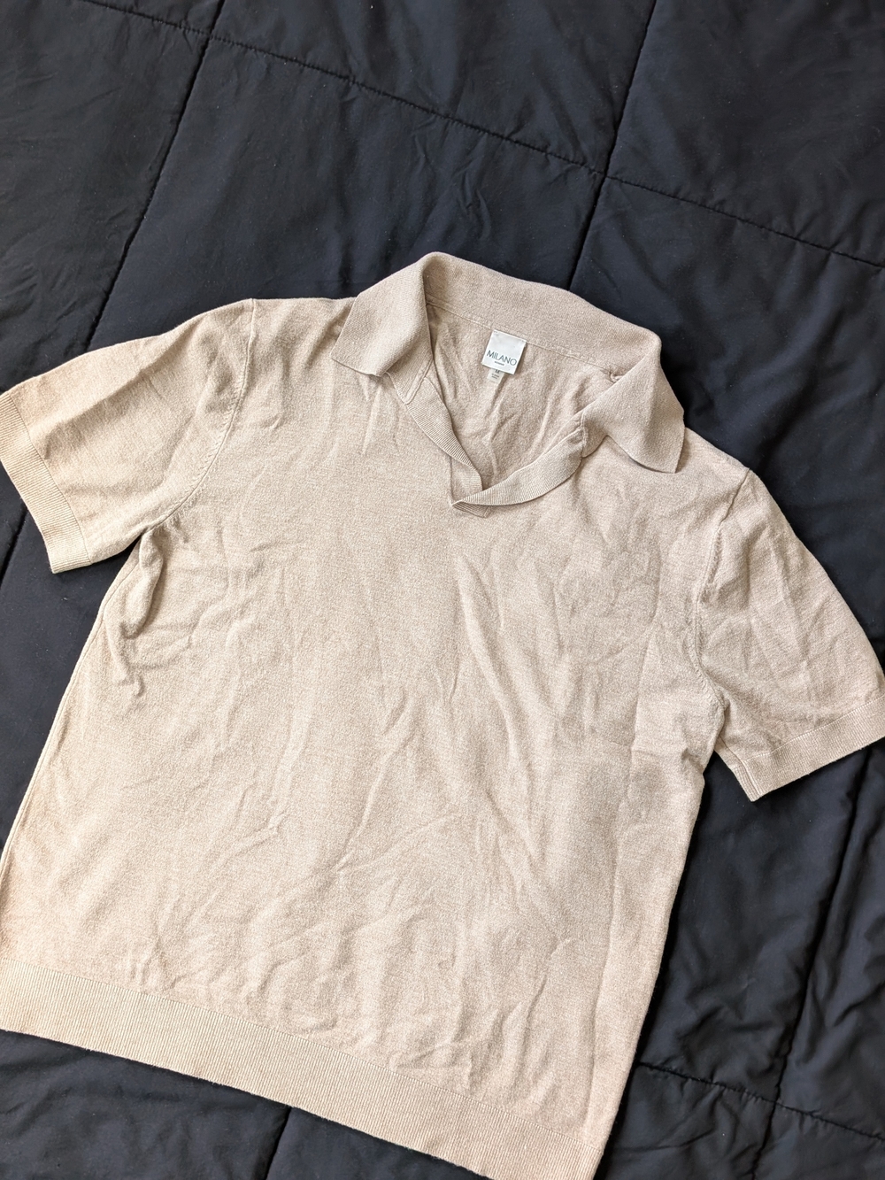 Milano Homme Knit Polo Shirt Tan Beige Short Sleeve Textured